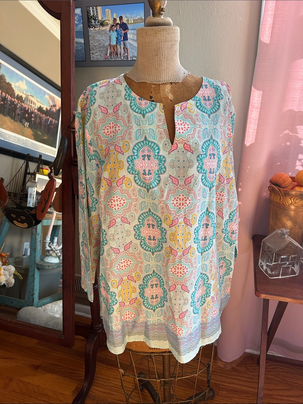 Talbots Multicolor Moroccan Medallion Print Tunic in Teal and Pink-Prima | XL